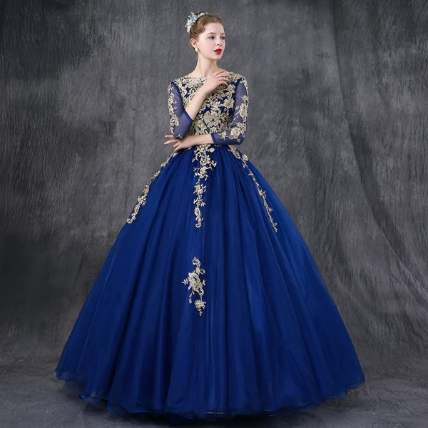 Chic / Beautiful Royal Blue Prom Dresses 2018 Ball Gown Lace Appliques Pearl Sequins Scoop Neck Backless 3/4 Sleeve Floor-Length / Long Formal Dresses