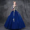 Chic / Beautiful Royal Blue Prom Dresses 2018 Ball Gown Lace Appliques Pearl Sequins Scoop Neck Backless 3/4 Sleeve Floor-Length / Long Formal Dresses