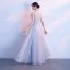 Chinese style Grey Evening Dresses  2018 A-Line / Princess Lace Appliques Beading High Neck Short Sleeve Floor-Length / Long Formal Dresses