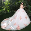 Chic / Beautiful White Wedding Dresses 2018 Ball Gown Appliques Pearl Pink Flower Crystal Pearl Sequins Off-The-Shoulder Backless Sleeveless Cathedral Train Wedding