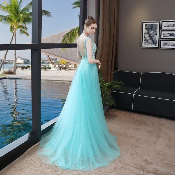 Chic / Beautiful Pool Blue Evening Dresses 2018 A-Line / Princess Lace Appliques Scoop Neck Backless Sleeveless Floor-Length / Long Formal Dresses