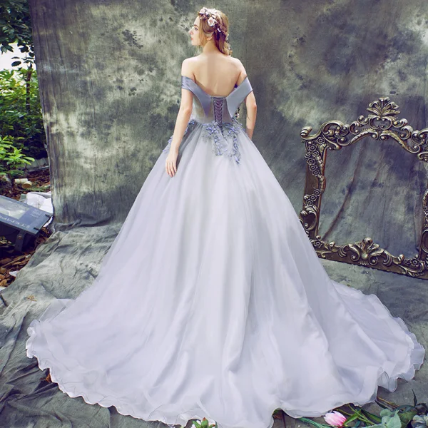 Elegant Lavender Prom Dresses 2018 Ball Gown Appliques Bow Off-The-Shoulder Backless Sleeveless Court Train Formal Dresses