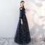 Chic / Belle Bleu Marine Robe De Soirée 2018 Princesse Dentelle Appliques Perlage Paillettes Encolure Dégagée Dos Nu Bustier 3/4 Manches Longue Robe De Ceremonie