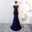 Chic / Belle Océan Bleu Robe De Soirée 2018 Trompette / Sirène Perlage Gland Encolure Dégagée Sans Manches Train De Balayage Robe De Ceremonie