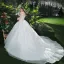 Chic / Beautiful White Wedding Dresses 2018 Ball Gown Lace Appliques Pearl Off-The-Shoulder Backless Short Sleeve Cathedral Train Wedding