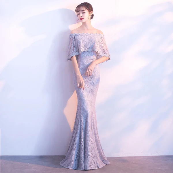 Chic / Belle Gris Robe De Soirée 2018 Trompette / Sirène En Dentelle Fleur De l'épaule Dos Nu 1/2 Manches Longue Robe De Ceremonie