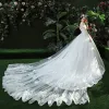 Stunning White Wedding Dresses 2018 Ball Gown Lace Appliques Beading Scoop Neck Backless Sleeveless Royal Train Wedding