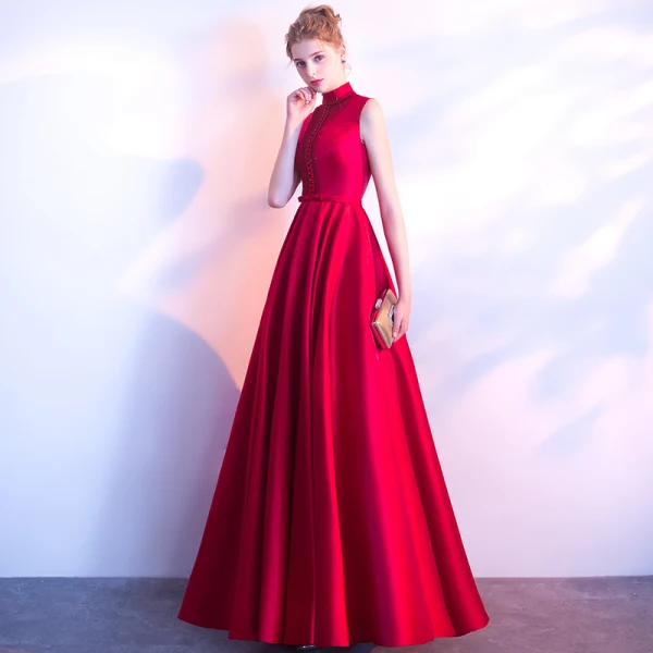 Chic / Belle Bordeaux Robe De Soirée 2018 Princesse Perlage Noeud Col Haut Sans Manches Longue Robe De Ceremonie