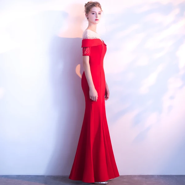 Chic / Belle Rouge Robe De Soirée 2018 Trompette / Sirène Encolure Dégagée Dos Nu Manches Courtes Longue Robe De Ceremonie