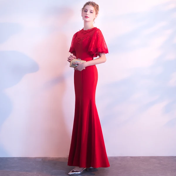 Chic / Beautiful Red Evening Dresses 2018 Trumpet / Mermaid Lace Appliques Sequins Scoop Neck 1/2 Sleeves Floor-Length / Long Formal Dresses