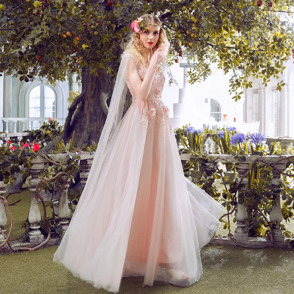 Elegant Evening Dresses 2018 A-Line / Princess Lace Flower Appliques Pearl Scoop Neck Backless Sleeveless Floor-Length / Long Formal Dresses