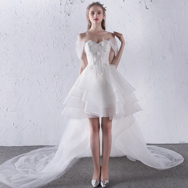 Chic / Beautiful White Beach Wedding Dresses 2018 Ball Gown Lace Appliques Bow Off-The-Shoulder Backless Sleeveless Asymmetrical Wedding