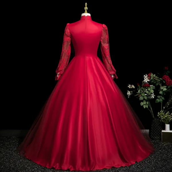 Vintage / Retro Burgundy Lace Flower Prom Dresses 2025 High Neck Long Sleeve Floor-Length / Long Prom Formal Dresses A-Line / Princess