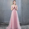 Modest / Simple Candy Pink Evening Dresses  2018 A-Line / Princess Beading Sequins Scoop Neck Sleeveless Sweep Train Formal Dresses
