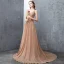 Modest / Simple Champagne Evening Dresses  2018 A-Line / Princess Tulle Flower V-Neck Backless Sleeveless Sweep Train Formal Dresses
