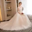 Elegante Champagner Brautkleider / Hochzeitskleider 2018 A Linie Perlenstickerei Perle Kristall Spitze Blumen Rundhalsausschnitt Rückenfreies 1/2 Ärmel Hof-Schleppe Hochzeit