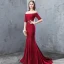 Sexy Burgundy Evening Dresses  2018 Trumpet / Mermaid Glitter Sequins Off-The-Shoulder Backless Short Sleeve Sweep Train Formal Dresses