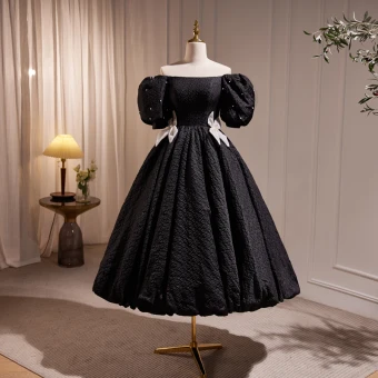 Chic Beautiful Black Pearl Graduation Dresses 2023 A Line Princess Off The Shoulder Puffy Short Sleeve Bow Floor Length Long Prom Formal Dresses
