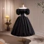 Chic / Beautiful Black Pearl Graduation Dresses 2023 A-Line / Princess Off-The-Shoulder Puffy Short Sleeve Bow Floor-Length / Long Prom Formal Dresses