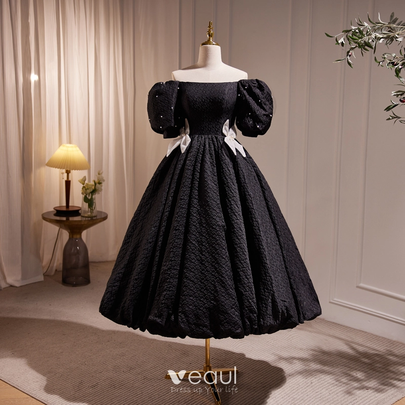 Chic / Beautiful Black Pearl Graduation Dresses 2023 A-Line / Princess Off-The-Shoulder Puffy Short Sleeve Bow Floor-Length / Long Prom Formal Dresses Chic / Beautiful Black Pearl Graduation Dresses 2023 A-Line / Princess Off-The-Shoulder Puffy Short Sleeve Bow Floor-Length / Long Prom Formal Dresses