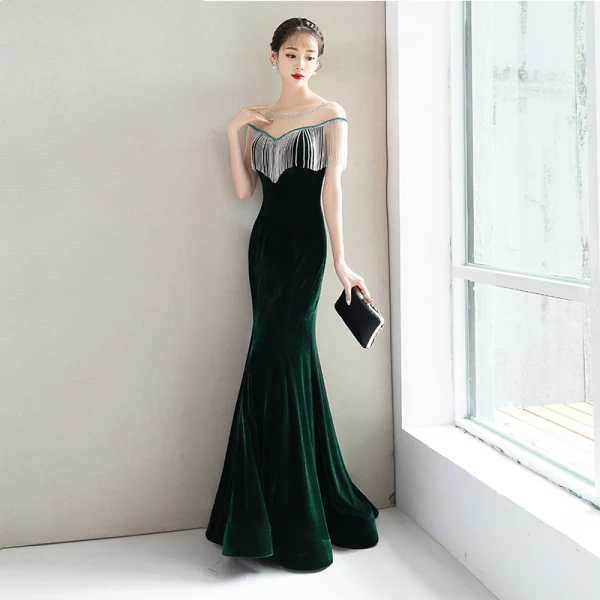 Elegant Navy Blue Evening Dresses 2018 Trumpet / Mermaid Beading Tassel Suede Scoop Neck Backless Short Sleeve Floor-Length / Long Formal Dresses