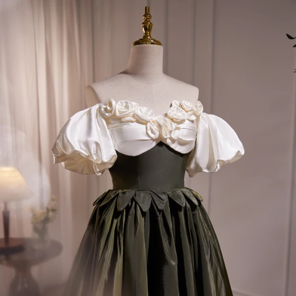 Elegant Clover Green Satin Prom Dresses 2023 A-Line / Princess Off-The-Shoulder Flower Puffy Short Sleeve Backless Floor-Length / Long Prom Formal Dresses