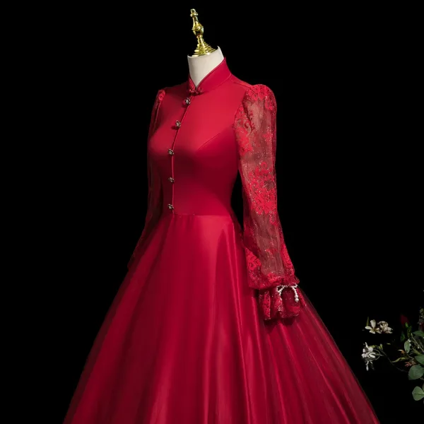 Vintage / Retro Burgundy Lace Flower Prom Dresses 2025 High Neck Long Sleeve Floor-Length / Long Prom Formal Dresses A-Line / Princess