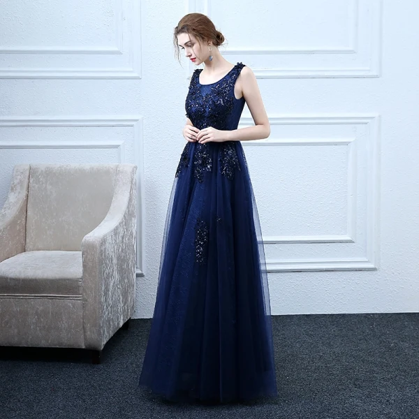 Elegant Navy Blue Prom Dresses 2018 A-Line / Princess Lace Flower Sequins Scoop Neck Backless Sleeveless Floor-Length / Long Formal Dresses