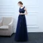 Elegant Navy Blue Prom Dresses 2018 A-Line / Princess Lace Flower Sequins Scoop Neck Backless Sleeveless Floor-Length / Long Formal Dresses