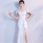 Elegante Weiß Abendkleider 2018 Mermaid Mit Spitze Blumen Pailletten Rundhalsausschnitt Rückenfreies Gespaltete Front Kurze Ärmel Lange Festliche Kleider