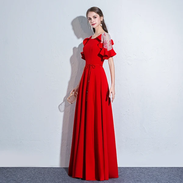 Chic / Beautiful Red Evening Dresses 2018 A-Line / Princess Sash Scoop Neck See-through 1/2 Sleeves Floor-Length / Long Formal Dresses