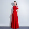 Chic / Beautiful Red Evening Dresses  2018 A-Line / Princess Sash Scoop Neck See-through 1/2 Sleeves Floor-Length / Long Formal Dresses