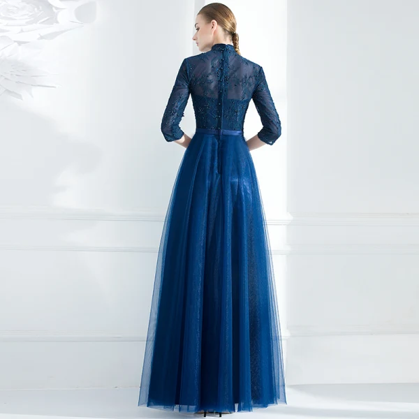 Style Chinois Bleu Marine Robe De Soirée 2018 Princesse Perlage Paillettes Noeud Col Haut 3/4 Manches Longueur Cheville Robe De Ceremonie