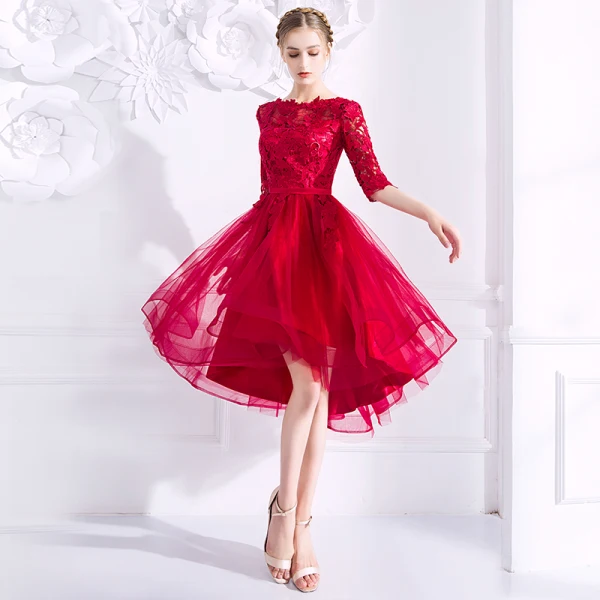 Chic / Beautiful Burgundy Homecoming Graduation Dresses 2018 A-Line / Princess Lace Appliques Sash Scoop Neck Backless 3/4 Sleeve Short Formal Dresses