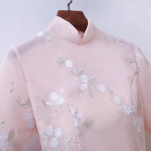 Chic / Beautiful Champagne Prom Dresses 2018 A-Line / Princess Lace Flower High Neck 3/4 Sleeve Floor-Length / Long Formal Dresses