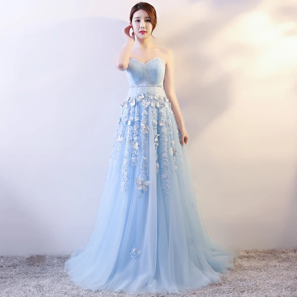 Elegante Himmelblau Abendkleider 2018 Empire Schmetterling Applikationen Schleife Stoffgürtel V-Ausschnitt Ärmellos Lange Festliche Kleider