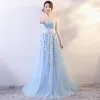 Élégant Bleu Ciel Robe De Soirée 2018 Empire Papillon Appliques Noeud Ceinture V-Cou Sans Manches Longue Robe De Ceremonie