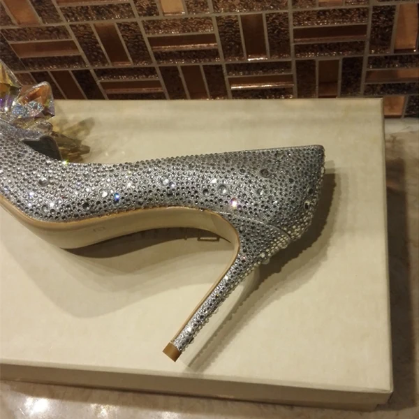 Glittrande Silver Askungen Brudskor 2018 Kristall Rhinestone Läder Spetsiga Högklackade
