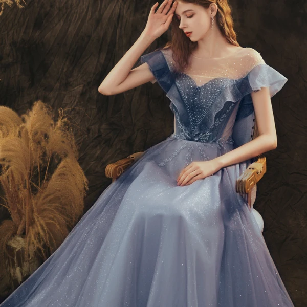 Elegant Ocean Blue Prom Dresses A-Line / Princess 2021 Scoop Neck Rhinestone Sequins Short Sleeve Backless Floor-Length / Long Formal Dresses