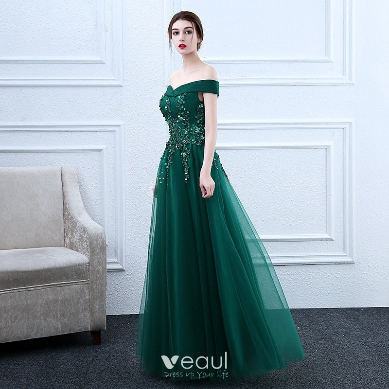 Chic Beautiful Prom Dresses 2018 A Line Princess Lace Flower Beading Sequins Off The Shoulder Backless Sleeveless Floor Length Long Formal Dresses