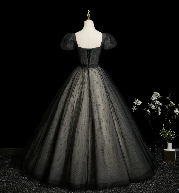 Élégant Noire Appliques Noeud Ceinture Robe De Bal 2025 Robe Boule Encolure Carrée Gonflée Manches Courtes Dos Nu Longue Robe De Ceremonie