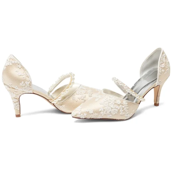 Elegant Champagne Pearl Lace Flower Wedding Shoes 2024 8 cm Stiletto Heels Pointed Toe Wedding Sandals High Heels