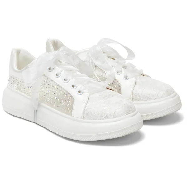 Elegante Ivoor Rhinestone Kant Strik Sportschoenen 2024 4 cm Plateau Ronde Neus Bruidsschoenen