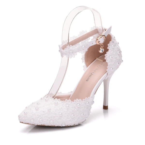 Charming Ivory Wedding Shoes 2018 Lace Rhinestone Pearl Ankle Strap 9 cm Stiletto Heels Wedding