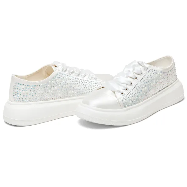 Mode Ivoor Rhinestone Huwelijk Sportschoenen 2024 4 cm Plateau Ronde Neus Bruidsschoenen