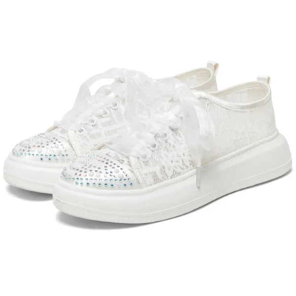 Elegant Ivory Lace Flower Rhinestone Wedding Sneakers 2024 4 cm Platform Round Toe Wedding Shoes
