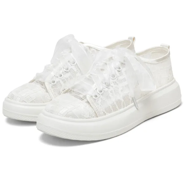 Stilig Elfenben Rosett Spets Blomma Bröllop Sneakers 2024 4 cm Platåskor Pande Zote Toe Brudskor