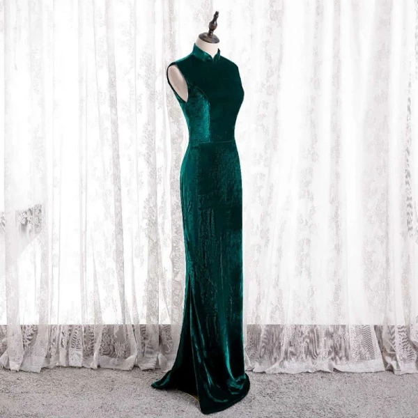 Chinese style Dark Green Cheongsam / Qipao Trumpet / Mermaid Evening Dresses 2021 High Neck Sleeveless Suede Evening Party Floor-Length / Long Formal Dresses