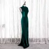 Chinese style Dark Green Cheongsam / Qipao Trumpet / Mermaid Evening Dresses  2021 High Neck Sleeveless Suede Evening Party Floor-Length / Long Formal Dresses