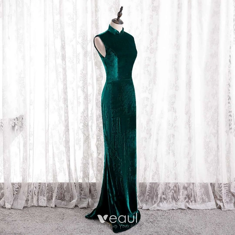 Chinese style Dark Green Cheongsam Qipao Trumpet Mermaid Evening Dresses 2021 High Neck